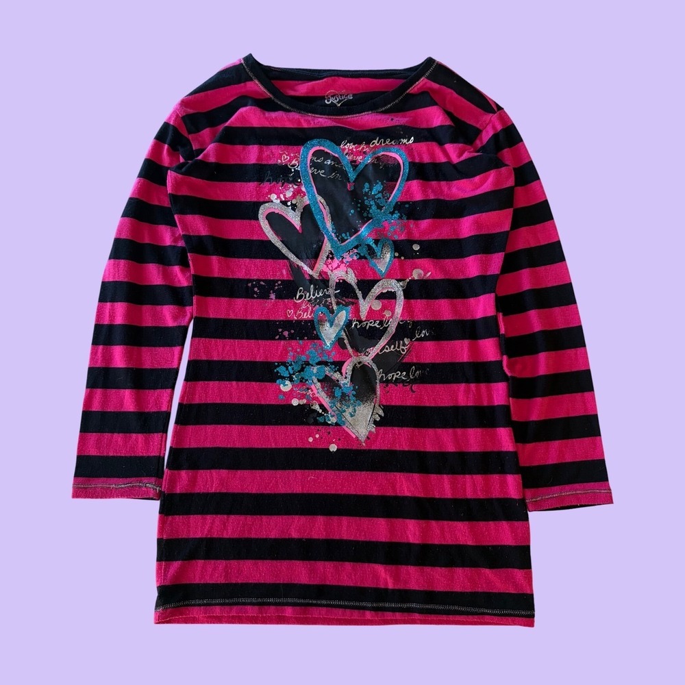Y2K Justice Scene Striped Heart Graphic Long Sleeve Shirt #17